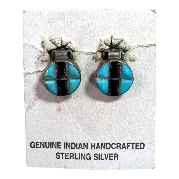 Genuine Indian Handcrafted Sterling Inlaid Turquoise Black Onyx Clip-On Earrings - Picture 1 of 7